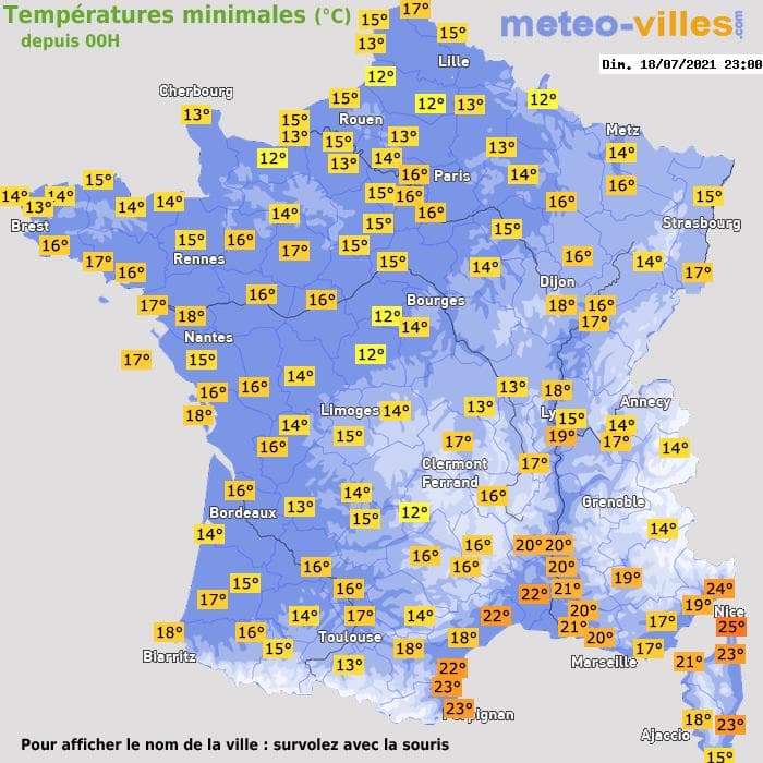 Températures minimales (°C) depuis 00h