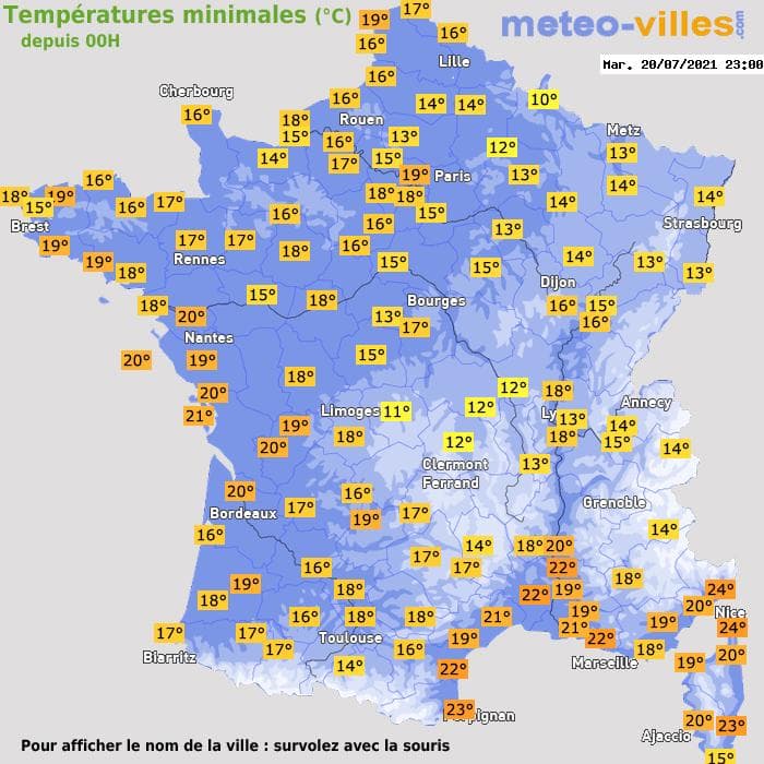Températures minimales (°C) depuis 00h