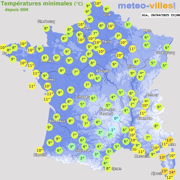 Températures minimales (°C) depuis 00h