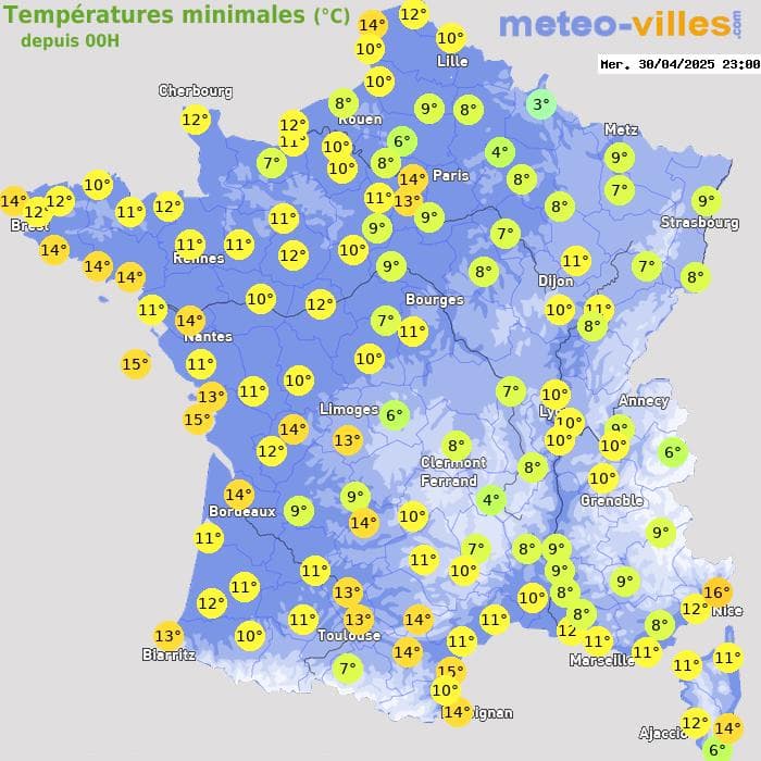 Températures minimales (°C) depuis 00h