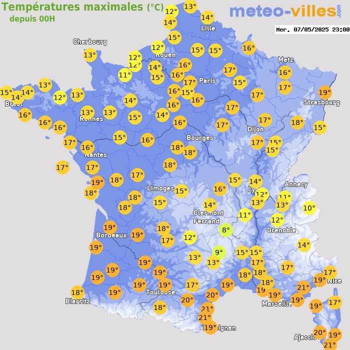 Températures maximales (°C) depuis 00h