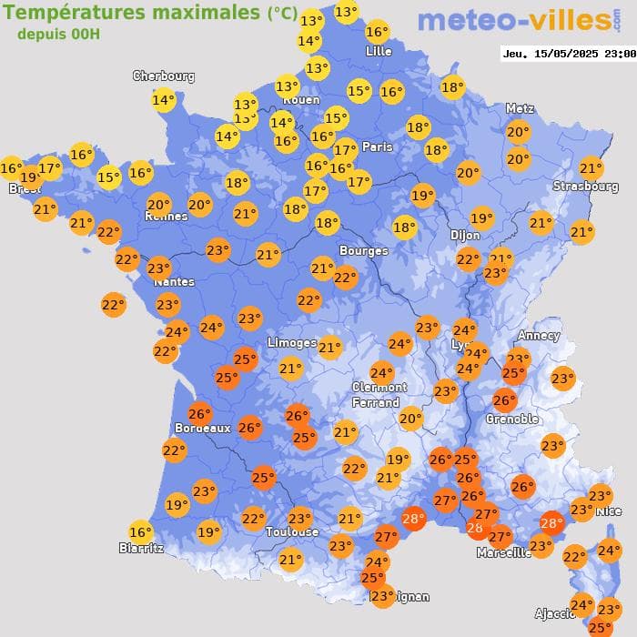 Températures maximales (°C) depuis 00h