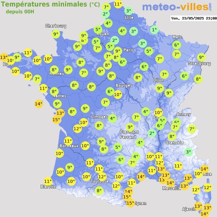 Températures minimales (°C) depuis 00h