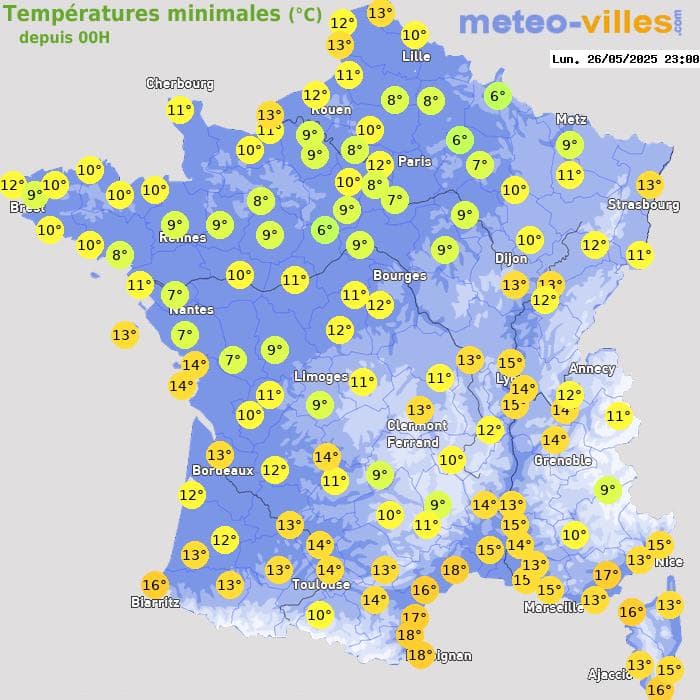 Températures minimales (°C) depuis 00h