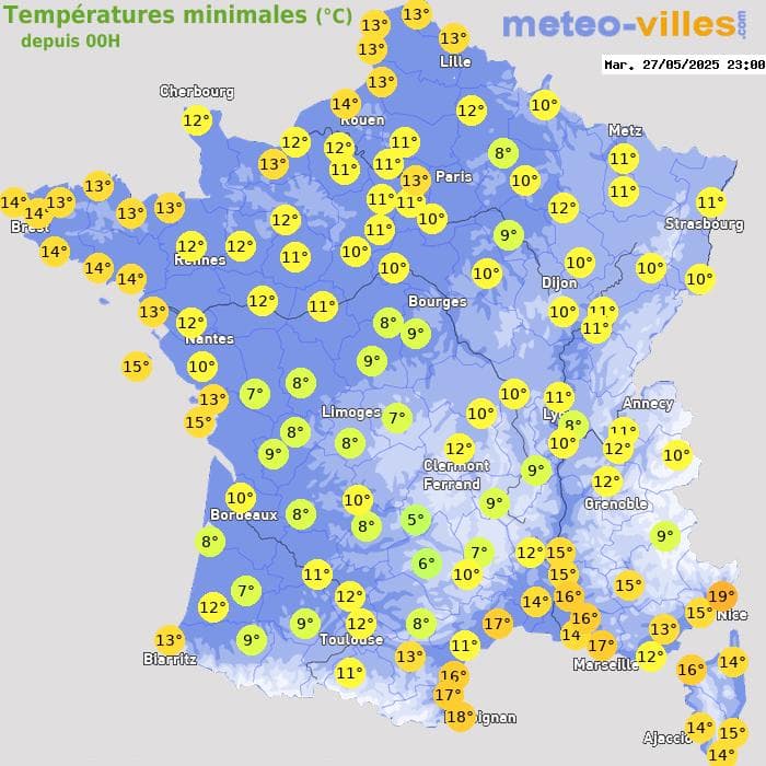 Températures minimales (°C) depuis 00h