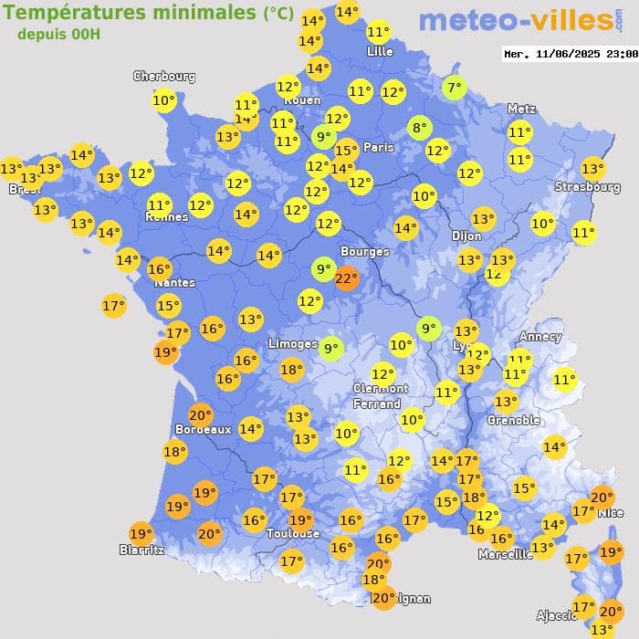 Températures minimales (°C) depuis 00h