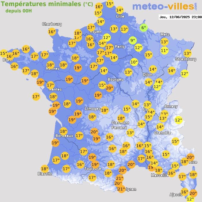 Températures minimales (°C) depuis 00h