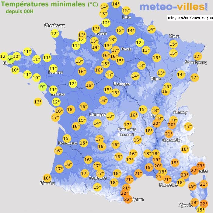 Températures minimales (°C) depuis 00h