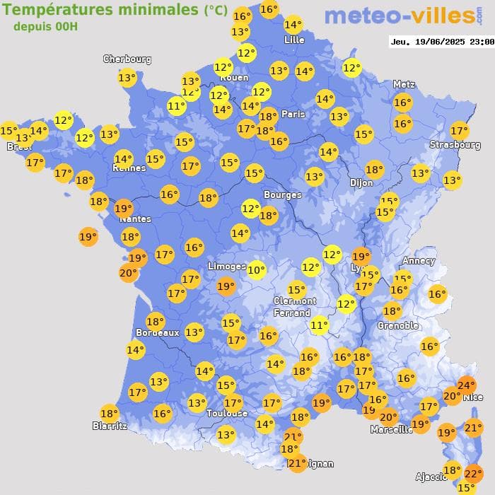 Températures minimales (°C) depuis 00h
