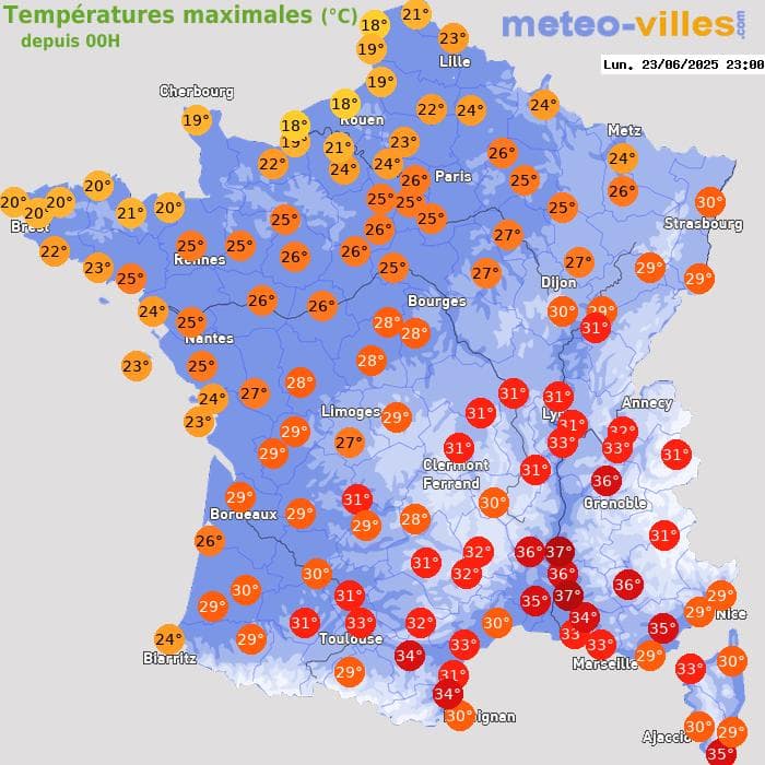 Températures maximales (°C) depuis 00h