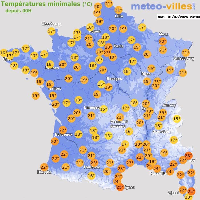 Températures minimales (°C) depuis 00h