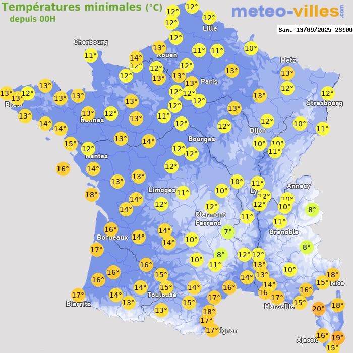 Températures minimales (°C) depuis 00h