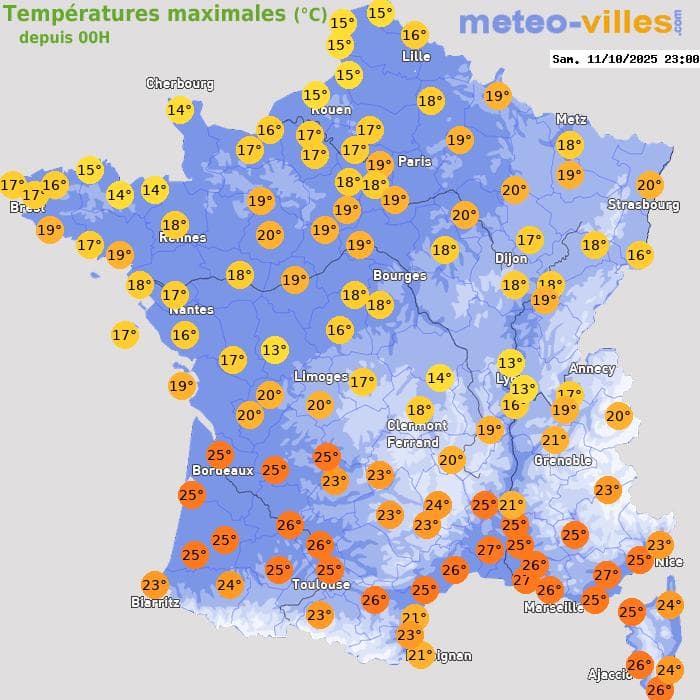 Températures maximales (°C) depuis 00h
