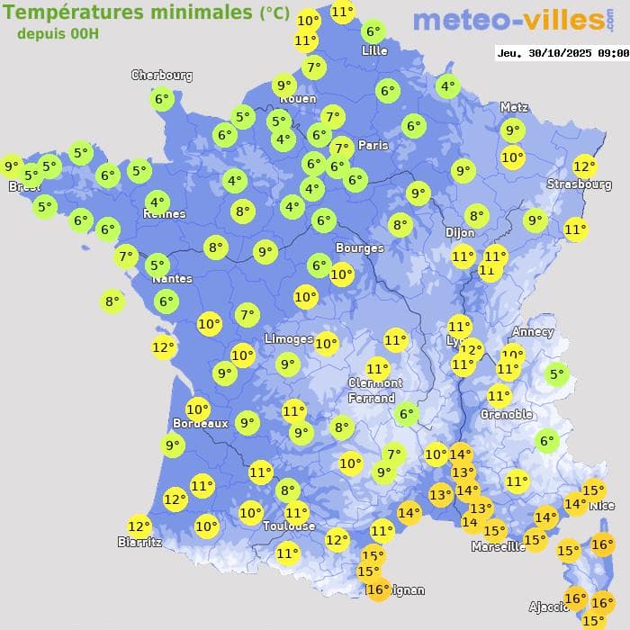 Températures minimales (°C) depuis 00h