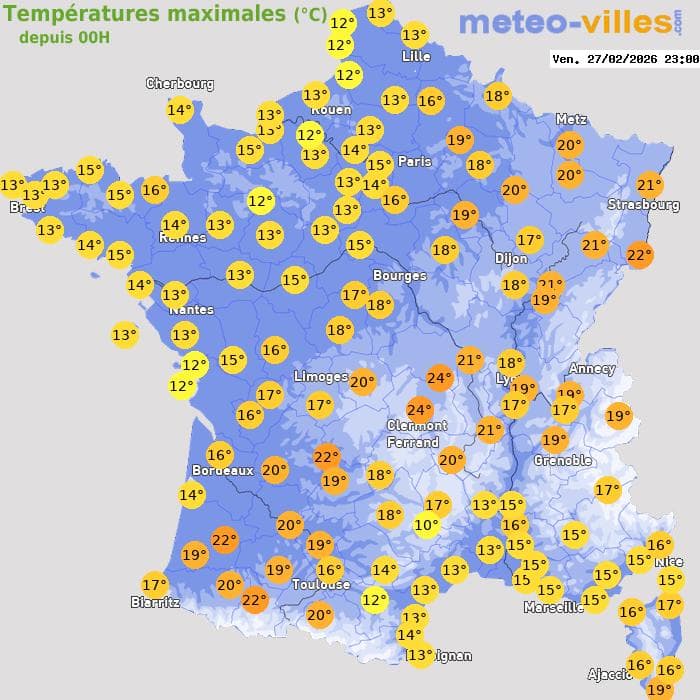 Températures maximales (°C) depuis 00h