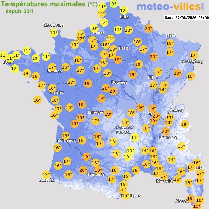 Températures maximales (°C) depuis 00h