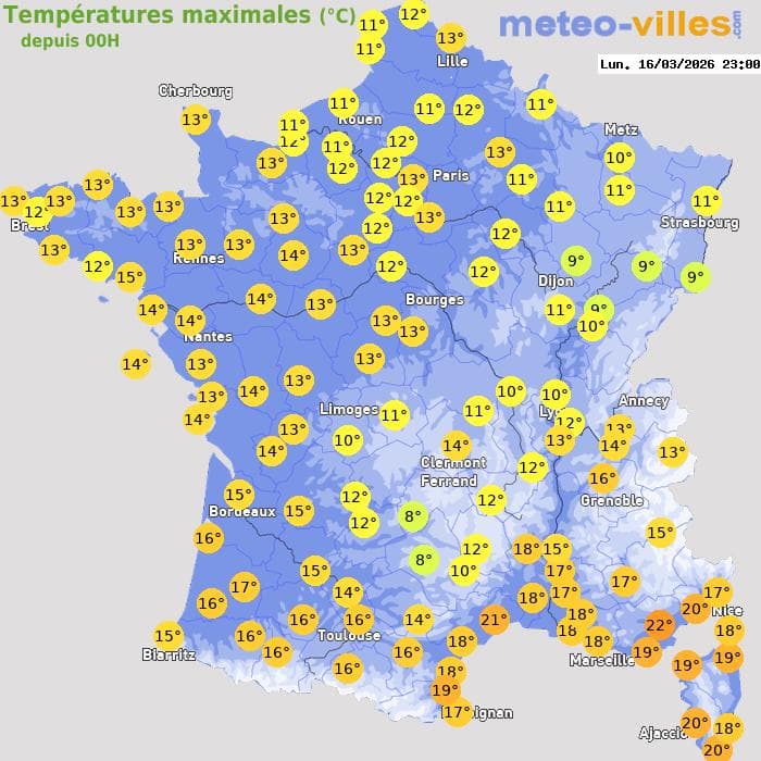 Températures maximales (°C) depuis 00h