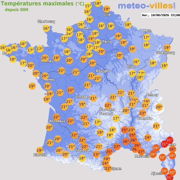 Températures maximales (°C) depuis 00h