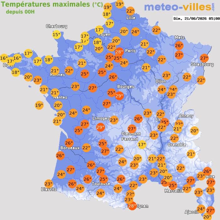 Températures maximales (°C) depuis 00h