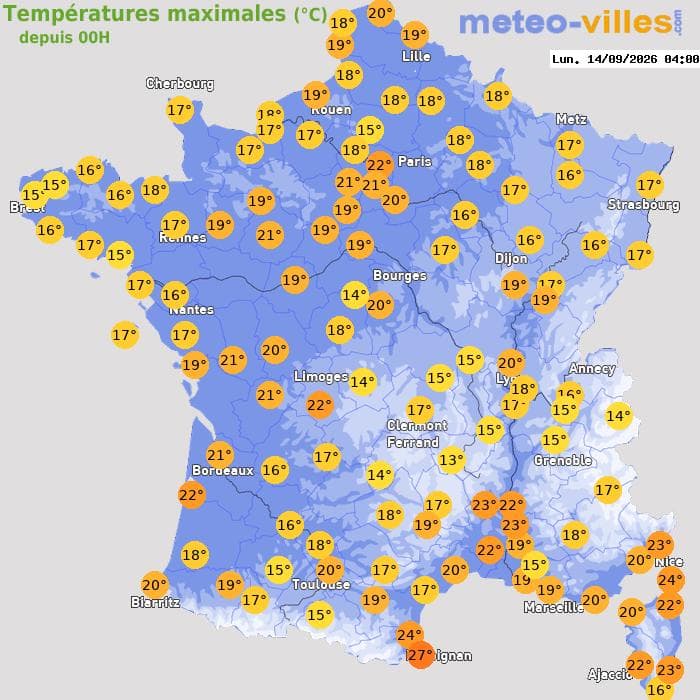 Températures maximales (°C) depuis 00h