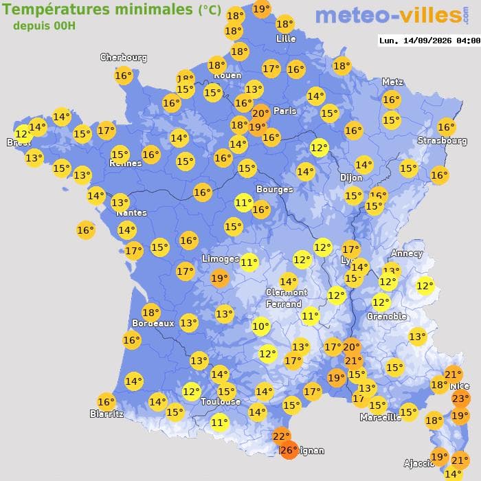 Températures minimales (°C) depuis 00h