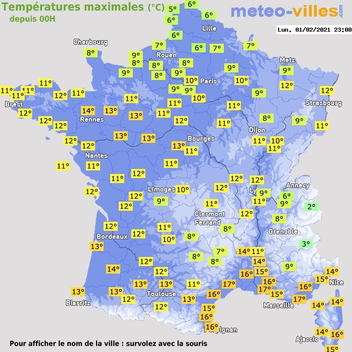 Températures maximales (°C) depuis 00h