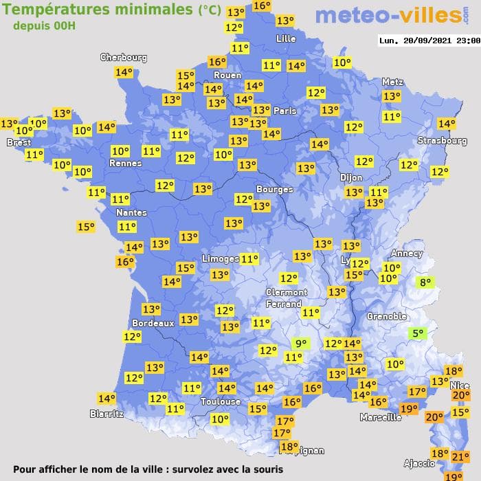 Températures minimales (°C) depuis 00h