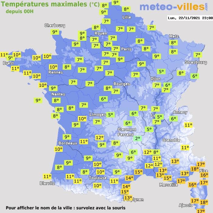 Températures maximales (°C) depuis 00h