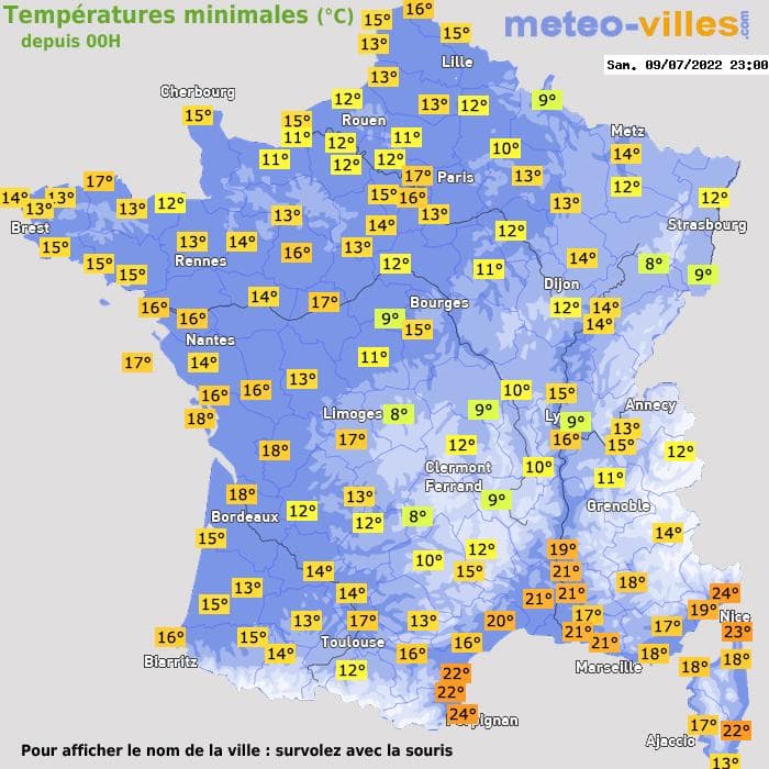 Températures minimales (°C) depuis 00h