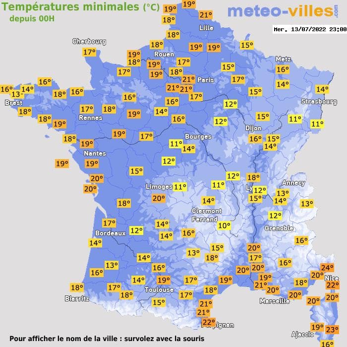 Températures minimales (°C) depuis 00h