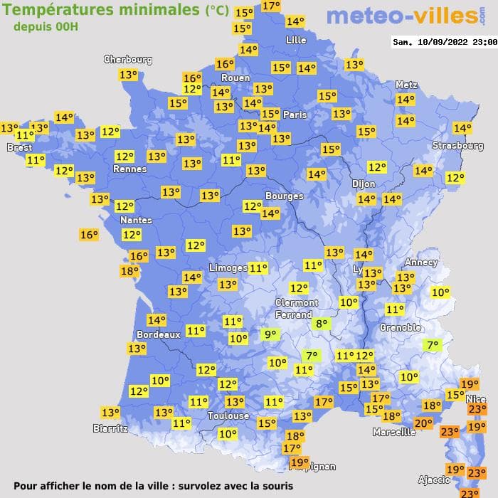 Températures minimales (°C) depuis 00h