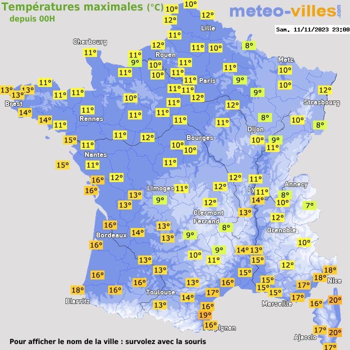 Températures maximales (°C) depuis 00h