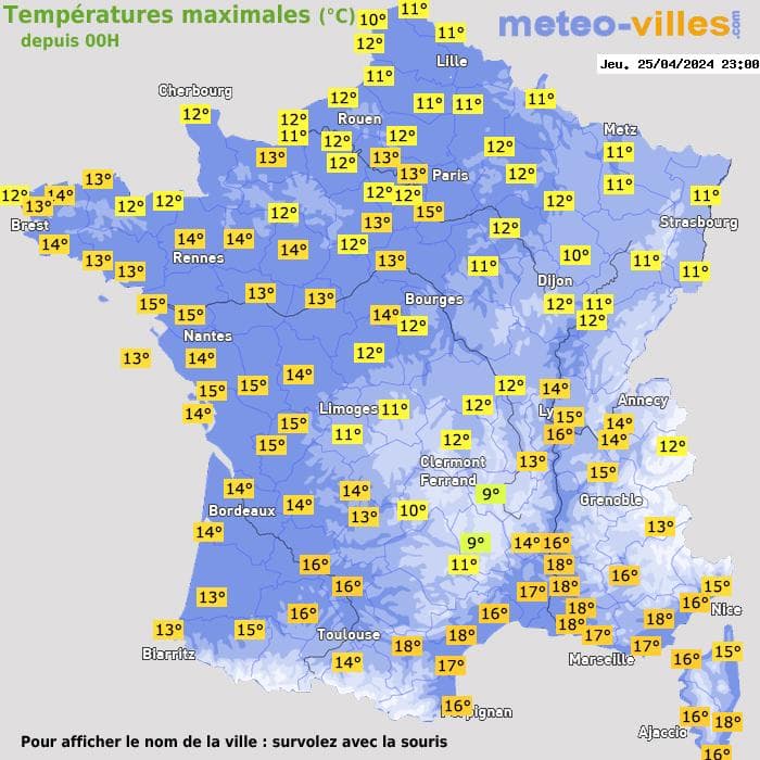 Températures maximales (°C) depuis 00h