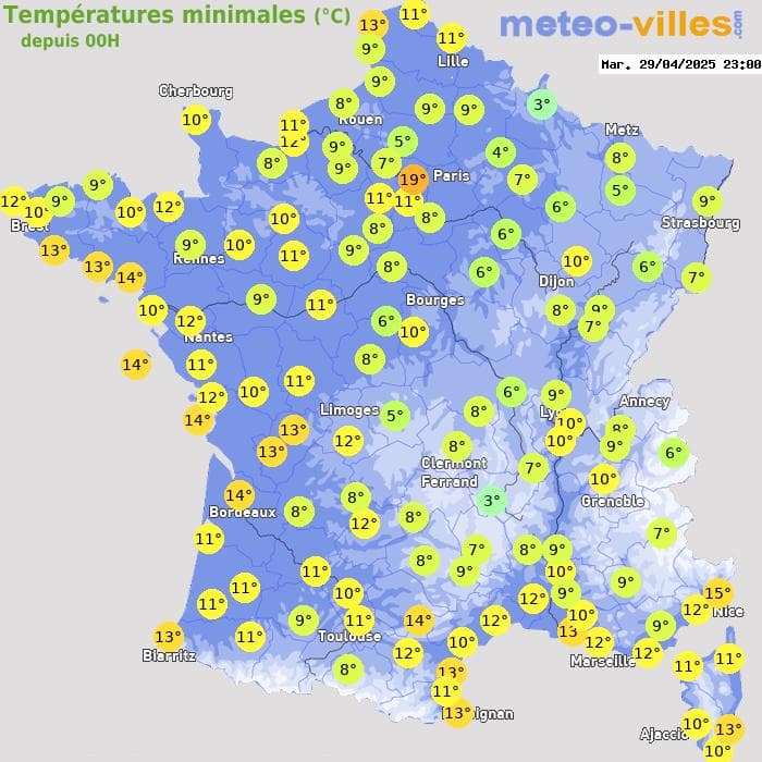 Températures minimales (°C) depuis 00h