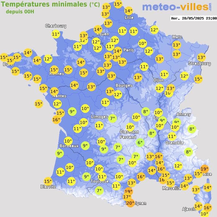 Températures minimales (°C) depuis 00h