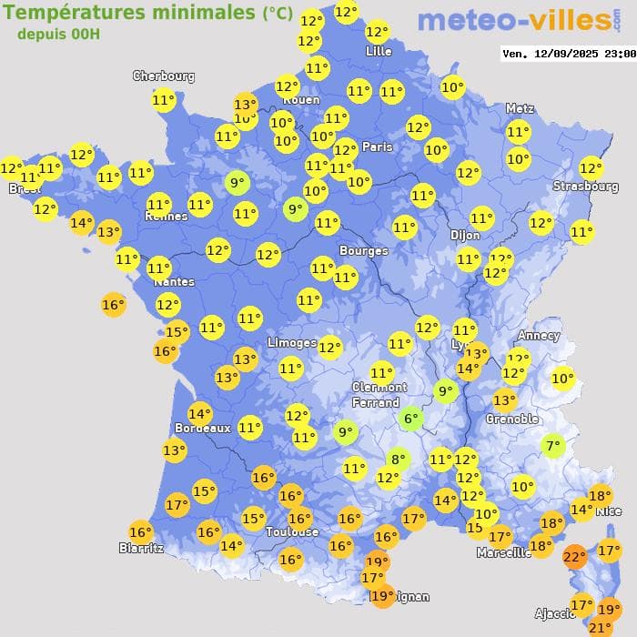 Températures minimales (°C) depuis 00h