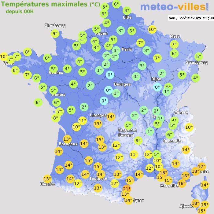 Températures maximales (°C) depuis 00h