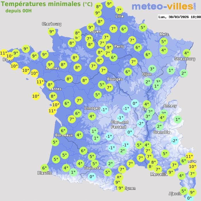 Températures minimales (°C) depuis 00h