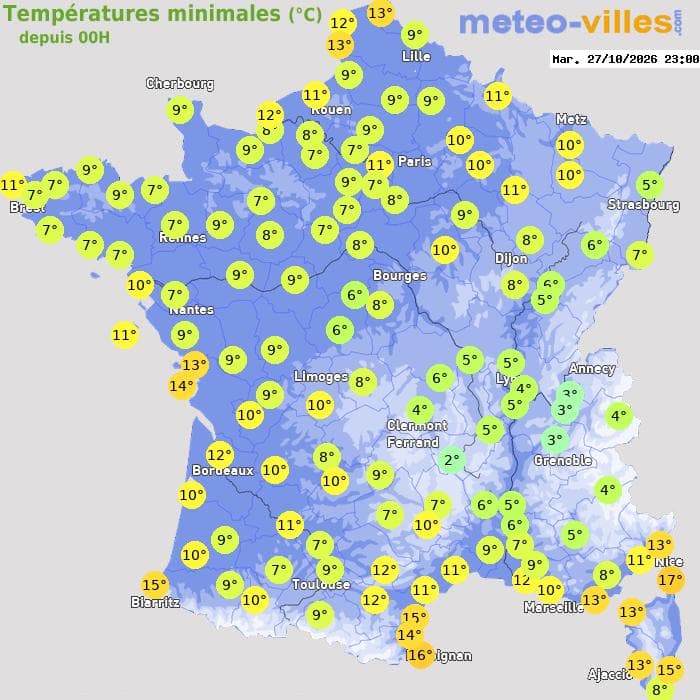 Températures minimales (°C) depuis 00h